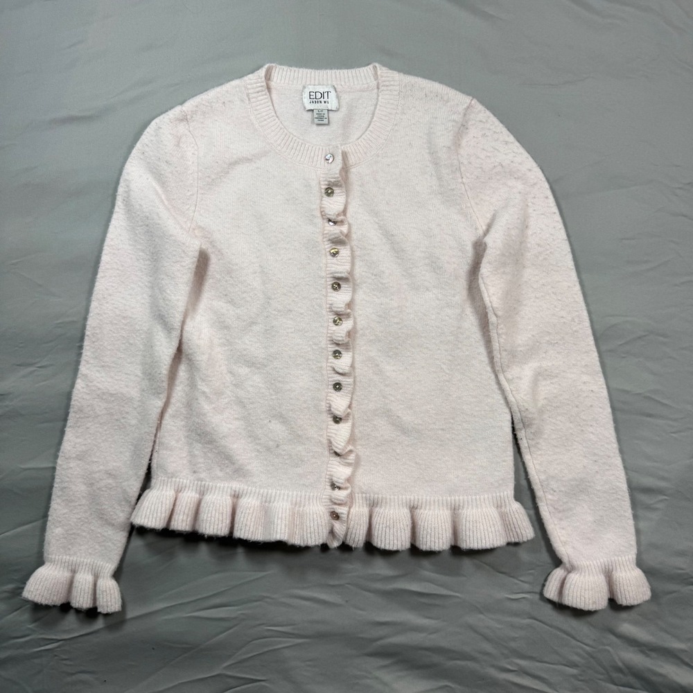Edit by Jason Wu Pink Cropped Ruffle Trim Wool Blend Button Cardigan Sweater S/P